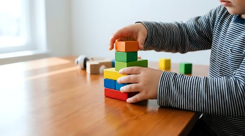 Young child stacking colorful wooden blocks on a table, building a tower indoors. Early childhood development and learning through play concept.