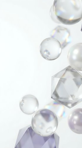 Transparent soap bubbles and crystal geometric shapes floating on white background with rainbow reflections and iridescent light effects for design projects.