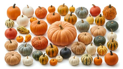 Assorted pumpkins and gourds in various sizes, colors and textures isolated on white background for autumn harvest decorations and seasonal design projects.