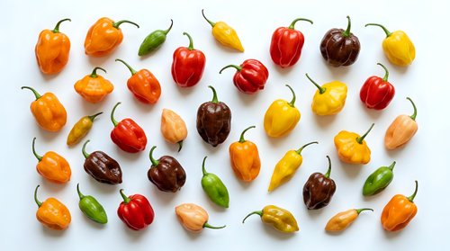 Colorful hot chili peppers collection arranged on white background. Variety of spicy peppers in red, yellow, orange, green and brown colors isolated.