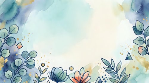 Soft watercolor floral frame with teal leaves, pastel blooms, and gold splatter accents on a light background, perfect for cards and invitations.