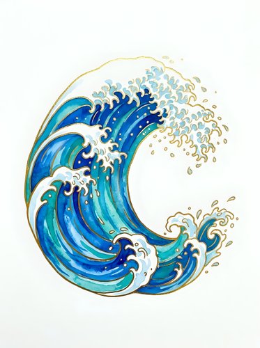Stylized ocean wave with flowing blue and turquoise layers, white foam details, and golden accents on isolated white background. Perfect for design projects, apparel, and decorative applications.