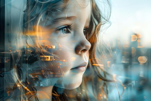 Double exposure portrait of young Caucasian girl with curly hair combined with urban cityscape at sunset, dreamy atmospheric mood with bokeh lights and reflections.