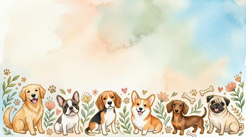Watercolor dogs border with golden retriever, french bulldog, beagle, corgi, dachshund and pug surrounded by flowers on pastel background.