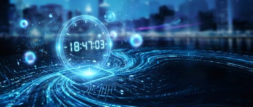 Digital clock display showing time in futuristic cyber space with glowing blue data streams and particle effects for technology presentations.