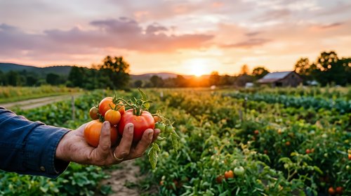 Farmer hands holding fresh ripe tomatoes at sunset in organic vegetable garden. Agricultural harvest concept for healthy food production and sustainable farming.