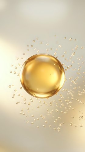 Golden oil bubble floating with sparkling droplets on cream background for skincare and cosmetic product advertising campaigns.