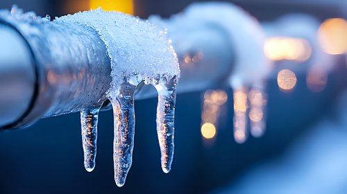 Frozen icicles forming on metal pipe during winter with blurred bokeh city lights in background creating atmospheric cold weather scene.