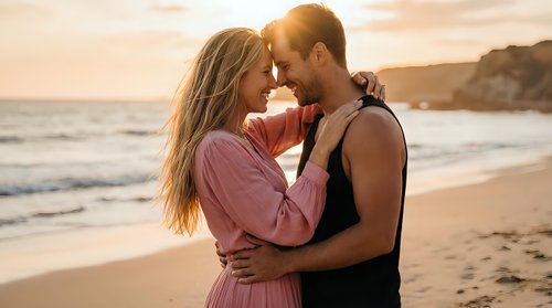 Young couple embracing intimately on beach at golden hour sunset, romantic moment by ocean waves, love and connection concept for lifestyle content.