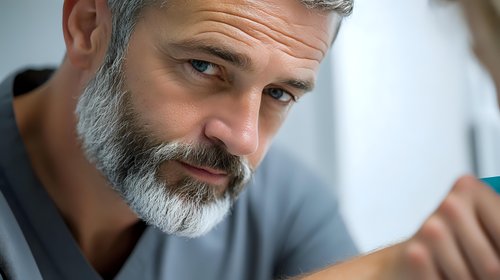 Mature Caucasian man with stylish gray beard and confident expression wearing casual gray shirt, looking directly at camera with gentle smile and wisdom in eyes.