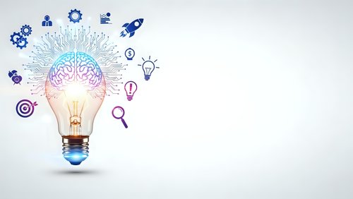 Light bulb with colorful brain and innovation icons on white background representing creativity, ideas, and business solutions for presentations.