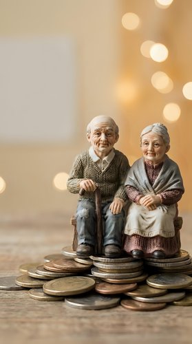 Elderly couple figurines sitting on pile of coins with warm bokeh lights background representing retirement savings and financial planning for seniors.