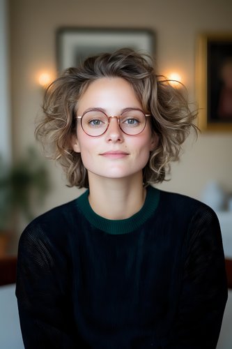 Young Caucasian woman with short wavy hair and round glasses wearing dark sweater smiling at camera. Natural window lighting creates soft portrait atmosphere.