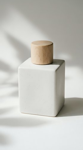 Minimalist white ceramic bottle with wooden cap on light background, soft shadows, natural aesthetic for beauty, skincare or home fragrance branding.
