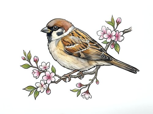 Small brown and white sparrow perched on flowering branch with pink blossoms, isolated on white background, suitable for nature designs, textiles, and decorative projects.