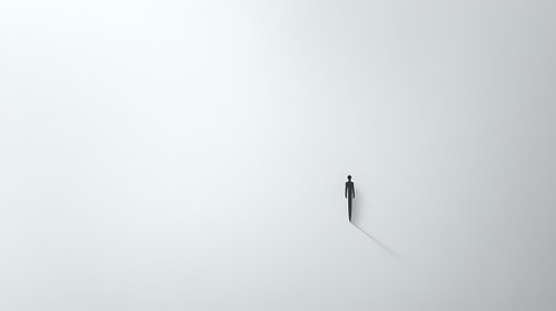 Minimalist black and white composition featuring lone silhouette walking into vast white space, casting dramatic long shadow. Artistic conceptual photograph expressing solitude.