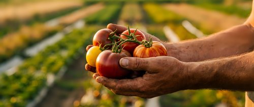 Farmer hands holding fresh ripe tomatoes in agricultural field during golden hour harvest time showcasing organic farming and sustainable agriculture practices.