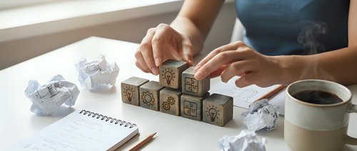 Woman arranging wooden letter blocks spelling FUTURE on desk with crumpled papers and coffee cup, planning and goal setting concept for business success.