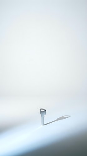 Single metal key standing upright on white surface casting shadow in minimalist composition for security and access concepts.
