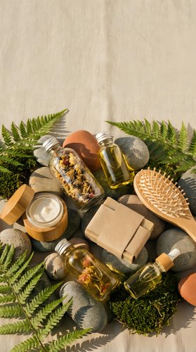 Natural organic spa products with fern leaves and stones on linen background for wellness beauty treatments and eco-friendly skincare routines.