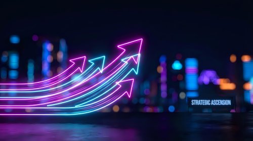 Neon glowing arrows pointing upward against blurred city lights background representing business growth, success and financial progress in digital economy.