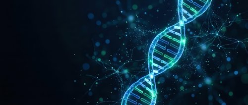 Glowing DNA double helix structure with digital particles and light effects on dark background for biotechnology and genetic research concepts.