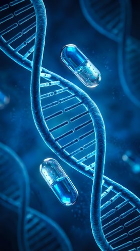 DNA double helix structure with medical capsules in blue scientific background for pharmaceutical research and genetic medicine applications.