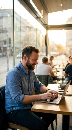Happy bearded Caucasian man working on laptop in modern cafe with large windows during golden hour sunlight for remote work and freelancing lifestyle.