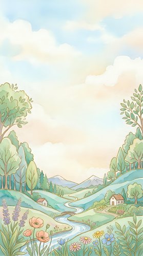 Soft watercolor countryside landscape with rolling hills, river, cottages, wildflowers, and mountains under a pastel sky for cards or prints.