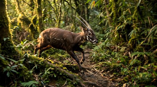 Wild deer with antlers walking through dense forest undergrowth in natural woodland habitat during golden hour lighting for wildlife and nature photography.