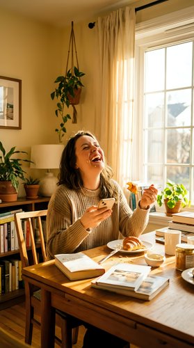 Woman with long dark hair, Hispanic ethnicity, sitting at wooden table eating breakfast in bright, plant-filled home office with warm yellow walls and natural light from large windows.