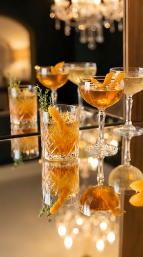 Elegant amber cocktails with orange garnish on reflective bar surface in upscale lounge with warm chandelier lighting creating luxurious evening atmosphere.