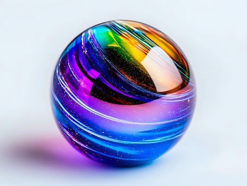 Colorful glass marble with swirling stripes in vibrant purple, blue, and orange hues against light background, showcasing intricate internal patterns and reflective surface.