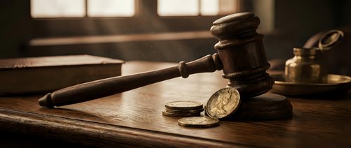 Wooden judge gavel and golden scales on courtroom desk with warm sunlight streaming through windows creating dramatic legal atmosphere for justice concepts.