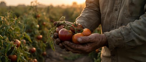 Farmer hands holding fresh ripe tomatoes at sunset in organic vegetable garden. Agricultural harvest concept for healthy eating and sustainable farming.