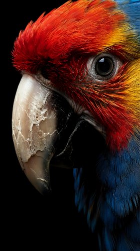 Colorful macaw parrot head close-up with vibrant red, blue and yellow feathers against black background for wildlife and nature projects.