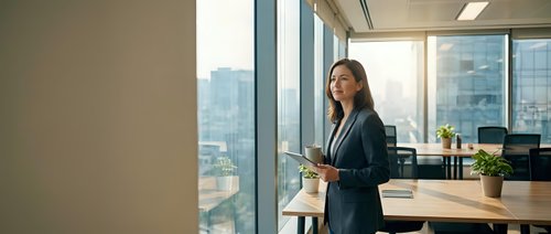 Professional businesswoman in dark suit holding tablet standing by office windows with city view during golden hour lighting for corporate presentations.