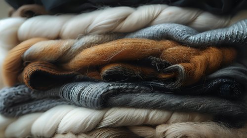 Stack of cozy knitted sweaters and scarves in neutral autumn colors creating textural layers perfect for fashion, lifestyle and seasonal content marketing.