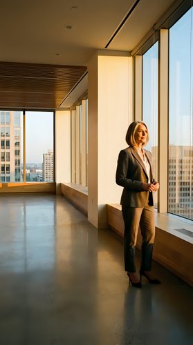 Professional businesswoman in suit standing by floor-to-ceiling windows in modern office building with city skyline view during golden hour lighting.