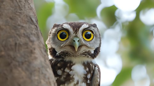 Spotted owl with bright yellow eyes gazing directly at camera against blurred natural background, close-up portrait showing detailed feathers and expressive face.