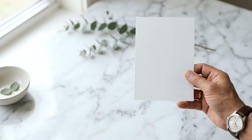 Cropped hand holding blank white card on marble surface with eucalyptus leaves and accessories for stationery mockup and branding projects.