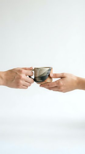 Two hands holding a rustic handmade ceramic mug together on a light background, symbolizing sharing, connection, and mindful living.