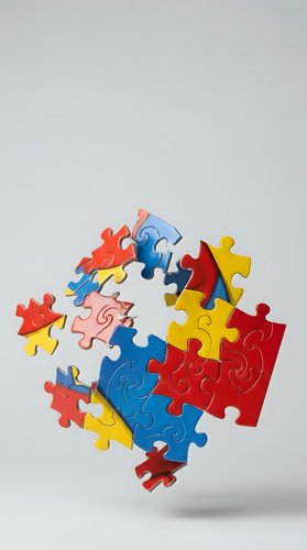 Colorful jigsaw puzzle pieces floating in mid-air against white background, teamwork and problem solving concept for business presentations and educational materials.