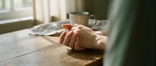 Hands clasped together on a rustic wooden table near a window, with a metal mug in the soft background light.