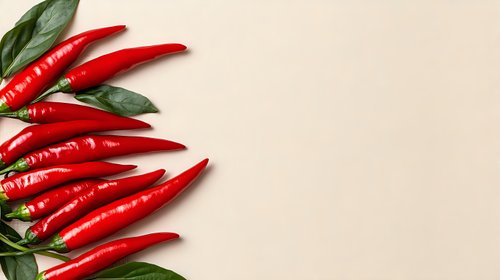 Fresh red hot chili peppers with green leaves arranged on beige background, copy space for text. Natural food photography layout for spicy cuisine.