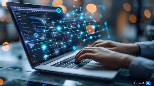 Software developer working on laptop with futuristic network visualization overlay, digital transformation concept for technology business and artificial intelligence development.