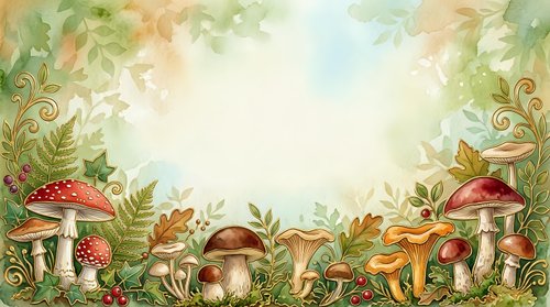 Whimsical forest floor scene with red and brown mushrooms, ornamental foliage, and decorative scrollwork on cream background. Suitable for children's book illustrations, greeting cards, and woodland-themed designs.