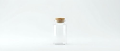 Empty glass bottle with cork stopper on white background, minimalist laboratory container for cosmetics, medicine or essential oils storage.