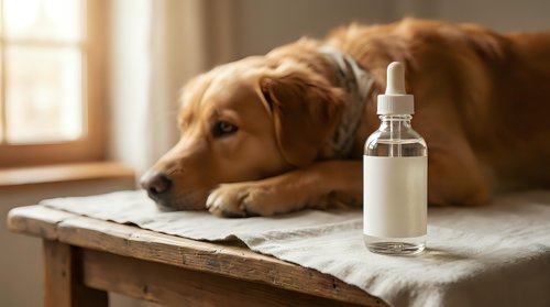 Golden retriever dog resting on a wooden table beside a dropper bottle with blank label, soft natural light, pet health and wellness concept.