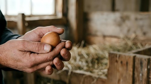 Farmer's hands holding fresh brown eggs in rural barn setting with natural daylight and wooden structures visible in background.